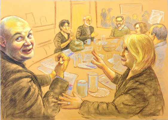 The Armory Show Focus&amp;nbsp;Group&amp;nbsp;(Focus Group Sketch #3), Liz Magic Laser, 2013, pastel on paper, 20 x 27 inches.